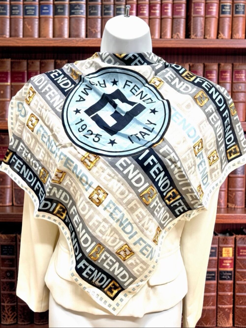 Lg Collection Fendi Scarf Cotton & Silk 22" FF Logo blue beige black logo (25